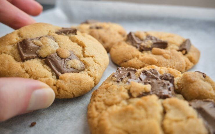 persona che tiene biscotti marroni su tessuto bianco