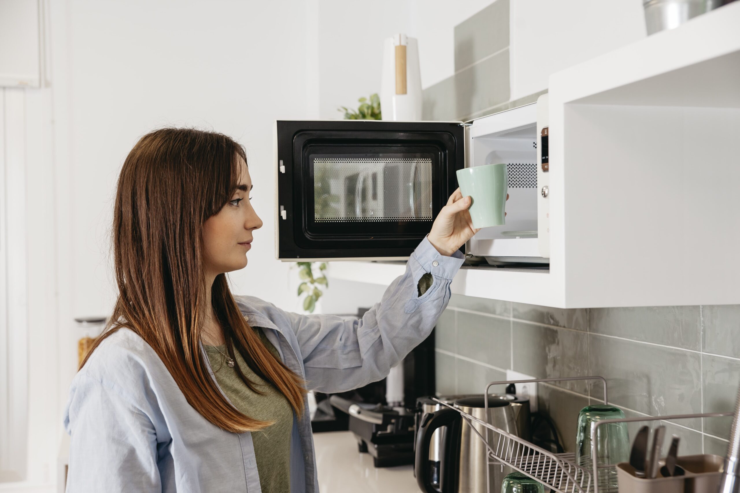 Microonde, cucina, ragazza, cibo, alimenti