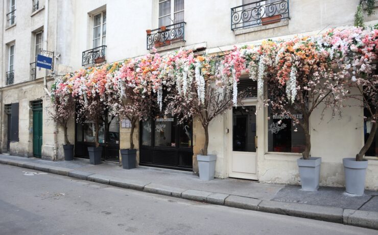 un edificio con fiori all'esterno, marais, parigi, francia