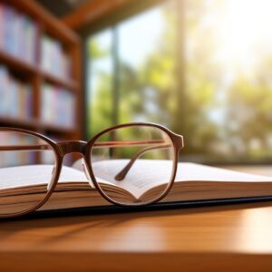 occhiali su di un libro sulla scrivania