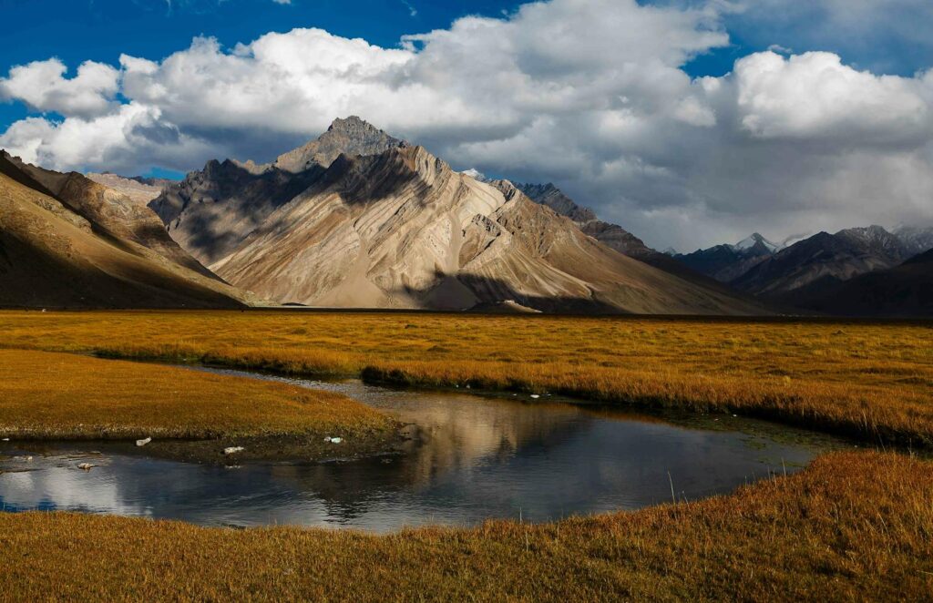 Stunning landscape of Rangdum, Suru Valley, with mountains and a lake under a cloudy sky.
